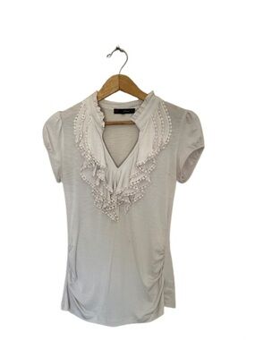 Heart Soul Cream | V-Neck Short Sleeve Ruffle Blouse